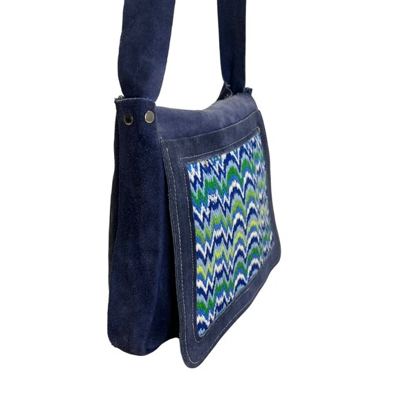 Handcrafted Navy Blue Suede With Chevron Pattern Front Panel Crossbody Bag - Picture 5 of 9